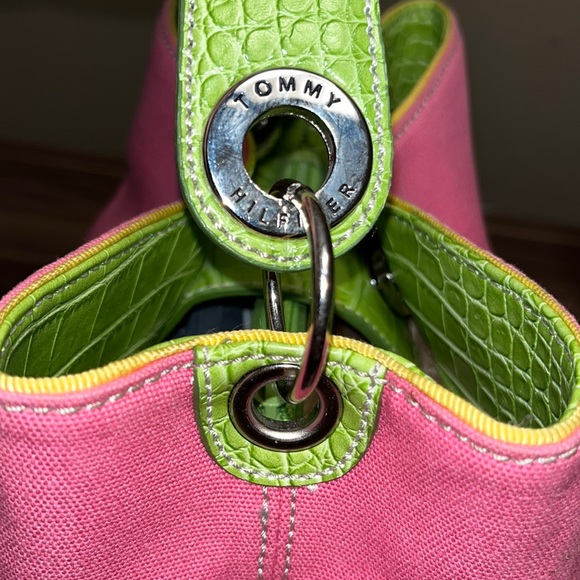Tommy Hilfiger Swinger Satchel pink and yellow green purse PERFECT FOR SPRING! - Picture 16 of 16